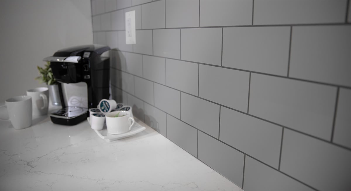 closeup of gray subway tile wall panels